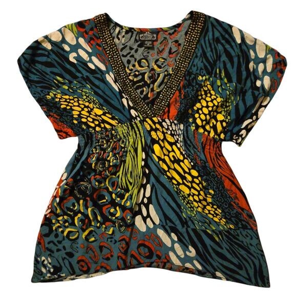 Angie Medium Tunic Top Embellished Baby Doll Colorful Artsy Color Block Fairy - Picture 1 of 7
